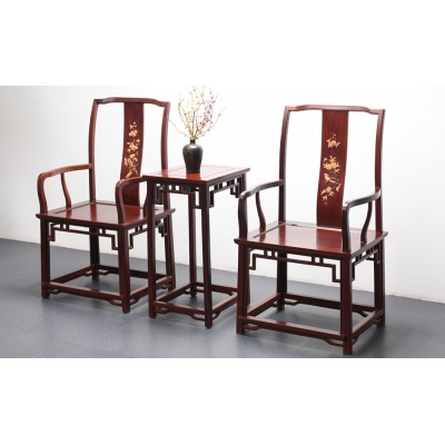 K2702+17-镶黄杨官帽椅带几-巴里黄檀+黄杨木