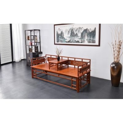 N1103-圆腿雕花罗汉床-缅甸花梨