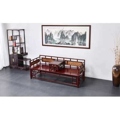 N1102 圆腿雕花罗汉床 巴里黄檀+金丝楠